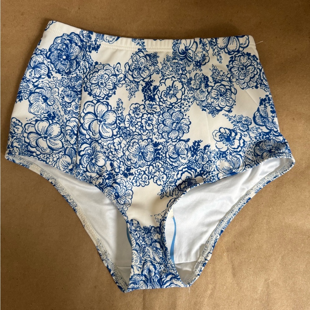 NWT American Apparel Blue Floral Print High Waisted Brief Bikini Bottoms. XS